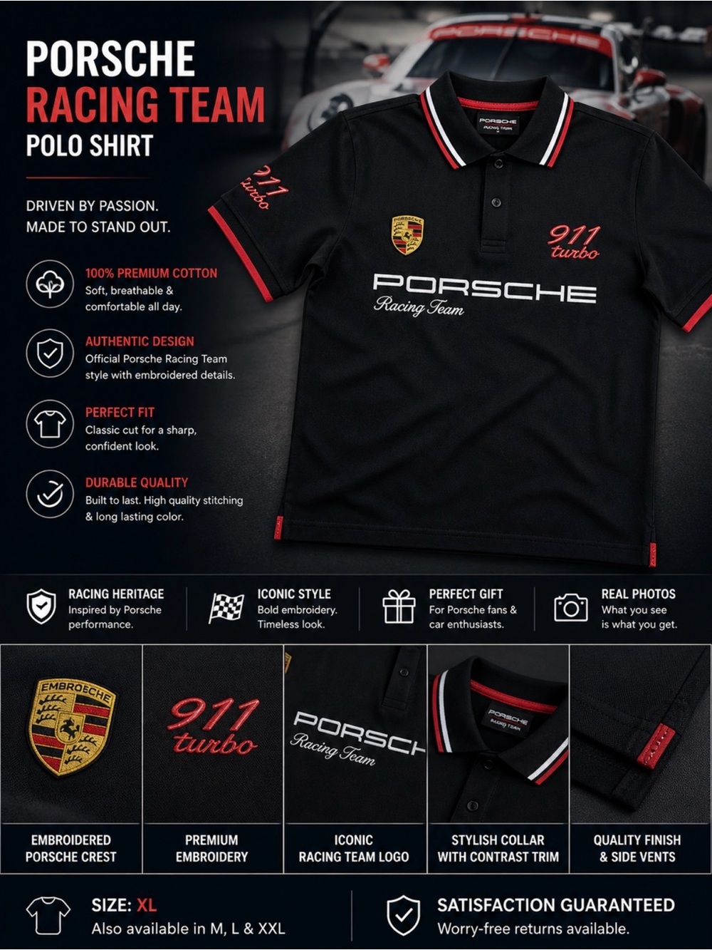 Porsche Racing Team Polo - Black cotton 100% authentic 100% size XL